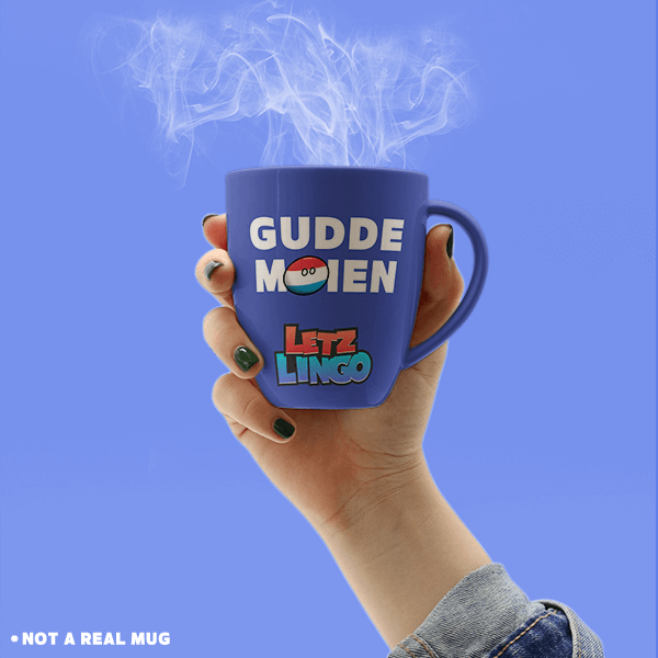 Image of a purple mug with the text 'Gudde Moien'